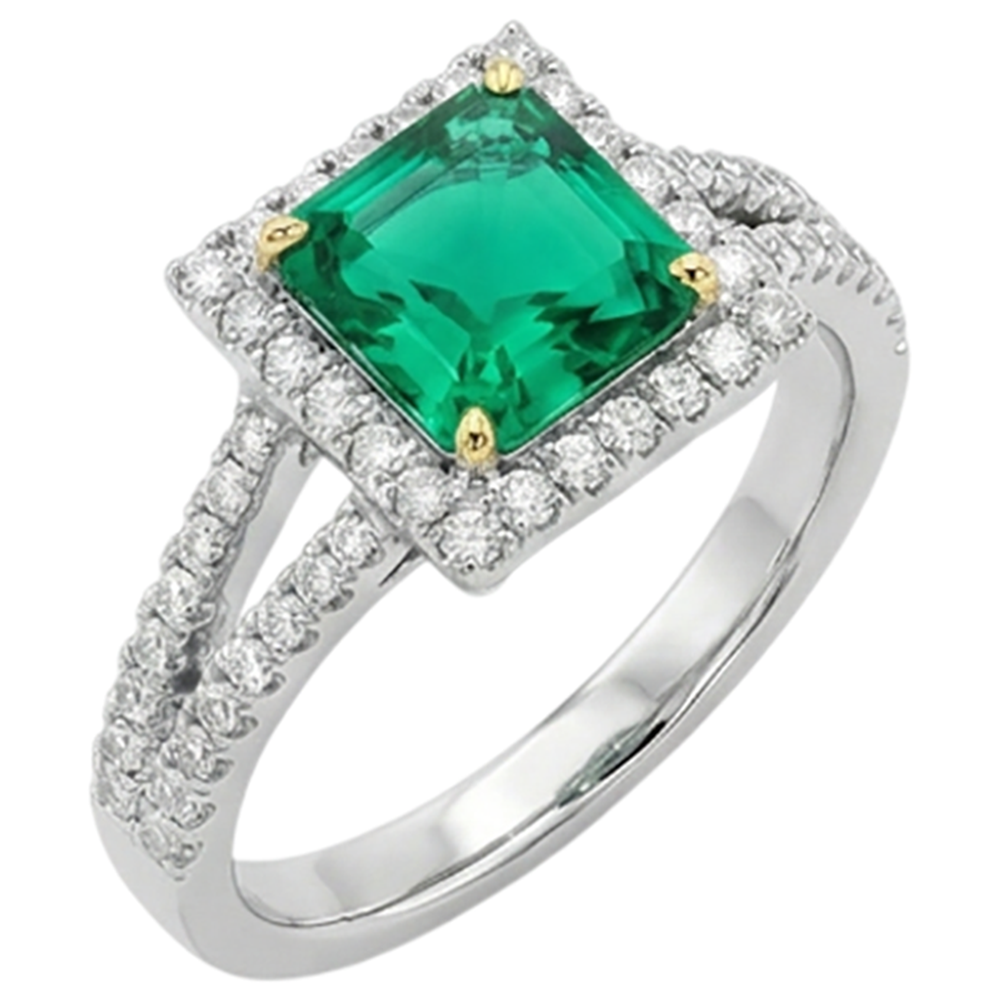 Treppen-Schliff Edler Smaragd Ring in Zweifarbiges 14K Gold – Frontansicht