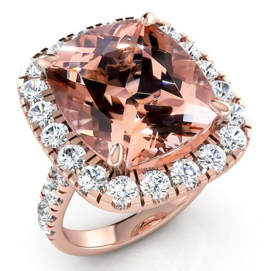 Großer Kissen Morganit 12,50 Karat Mit Diamanten Ring Rosé Gold 14K