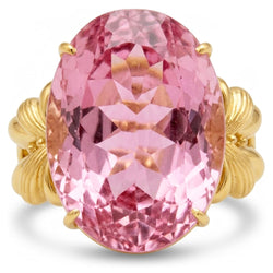 Großer Oval Cut Pink Kunzit Edelstein Ring 30 Ct. Gelbgold 14K