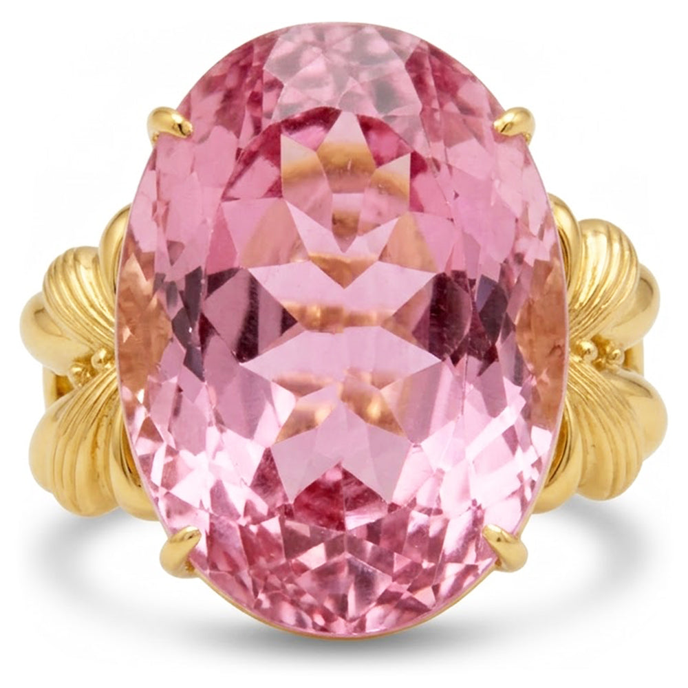 Großer Oval Cut Pink Kunzit Edelstein Ring 30 Ct. Gelbgold 14K