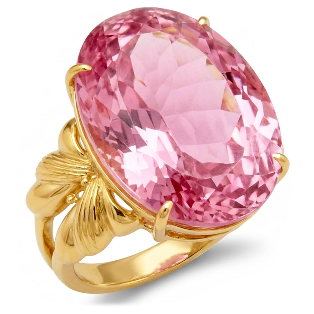 Großer Oval Cut Pink Kunzit Edelstein Ring 30 Ct. Gelbgold 14K