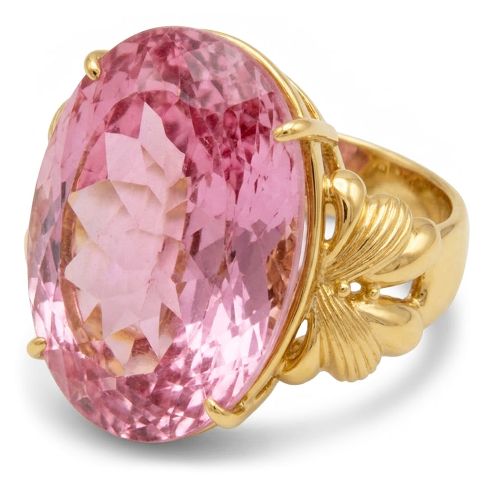 Großer Oval Cut Pink Kunzit Edelstein Ring 30 Ct. Gelbgold 14K