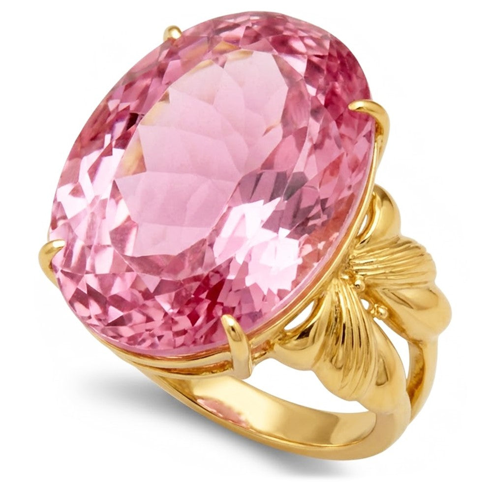 Großer Oval Cut Pink Kunzit Edelstein Ring 30 Ct. Gelbgold 14K