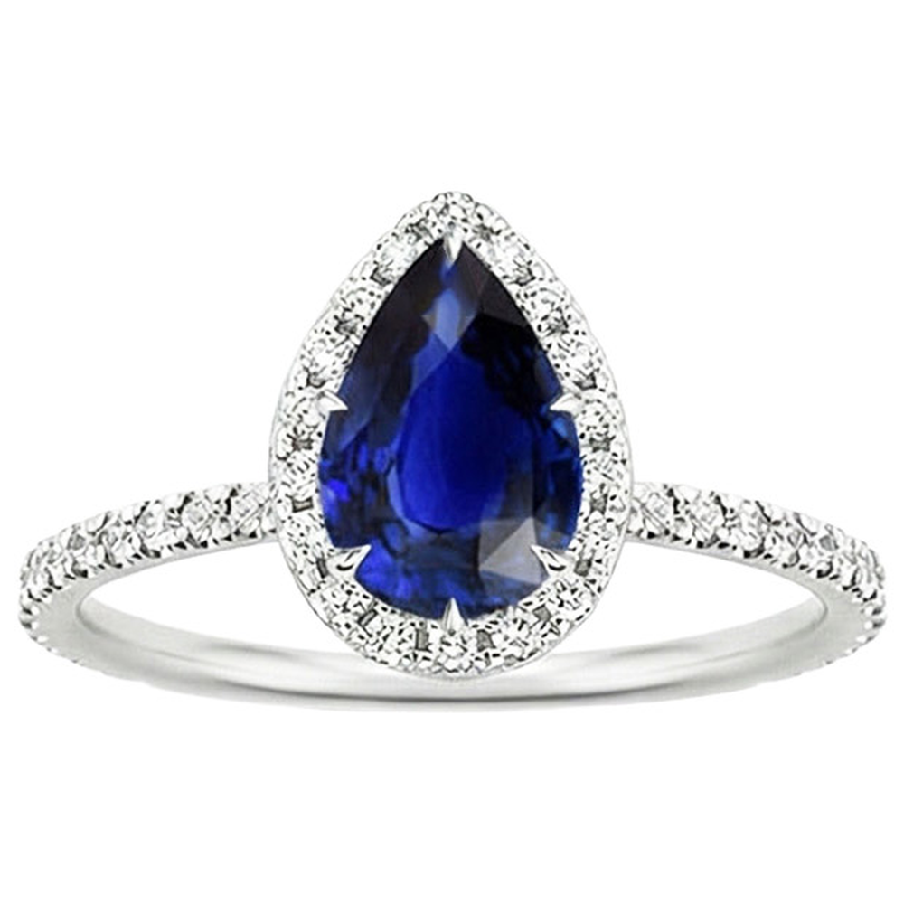 Halo Diamantring Tropfen-Stil Blauer Saphir mit Akzenten 5,50 Karat