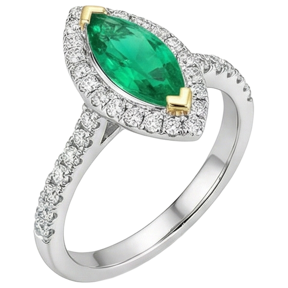 Natürlicher Kolumbianischer Smaragd Edelstein-Ring 2 Karat 14 Karat Zweifarbig Gold – Schrägansicht