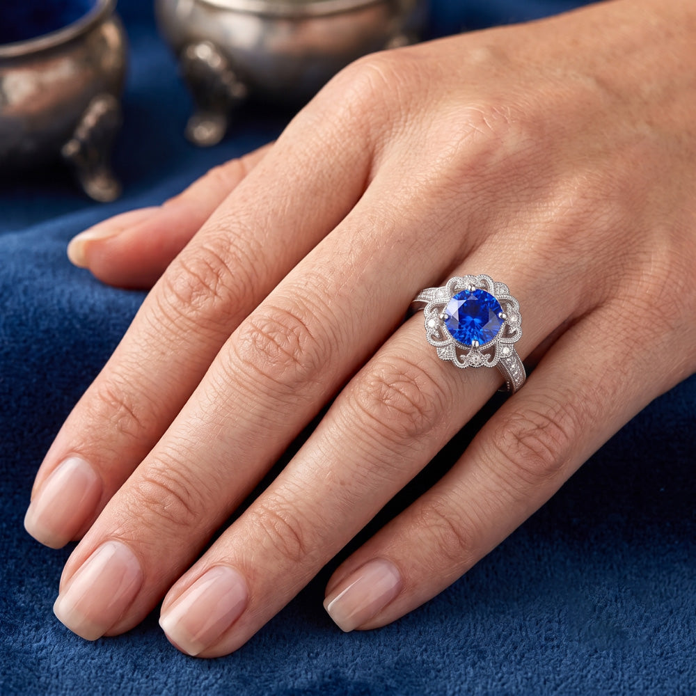 Halo Natürlicher Diamant ( nicht im Labor gezüchtet )ring Vintage-Stil Saphir 3 Karat Filigraner Blumenstil