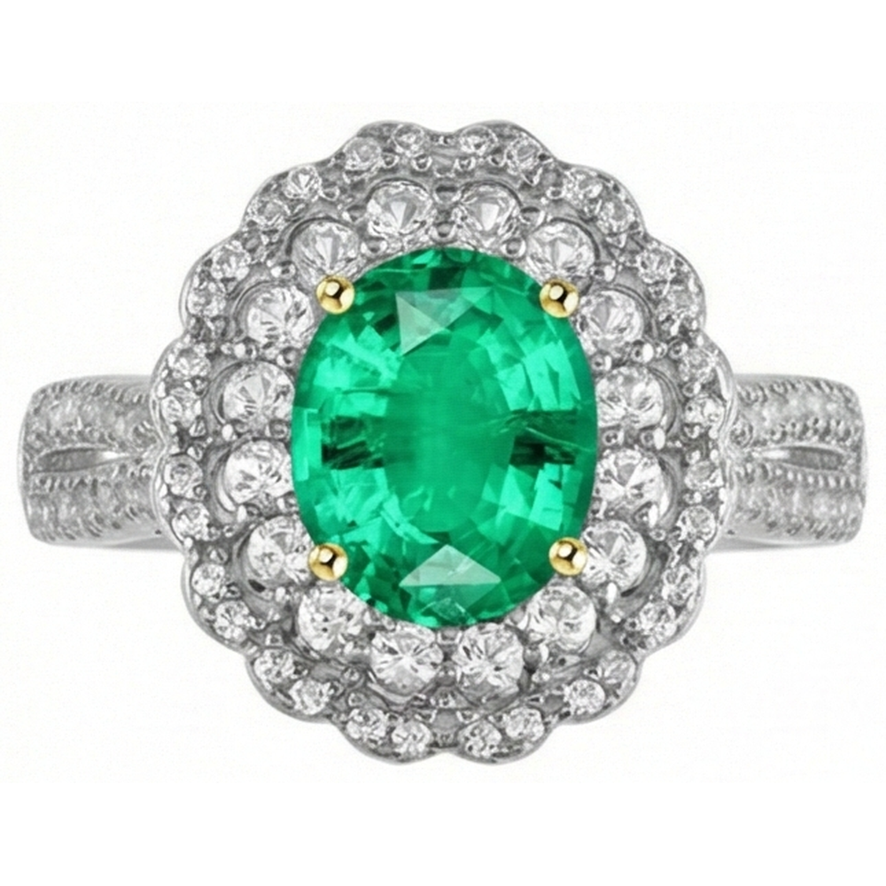 Authentischer Edler Smaragd Edelstein-Ring 2 Karat Bicolor 14K Gold – Schrägansicht