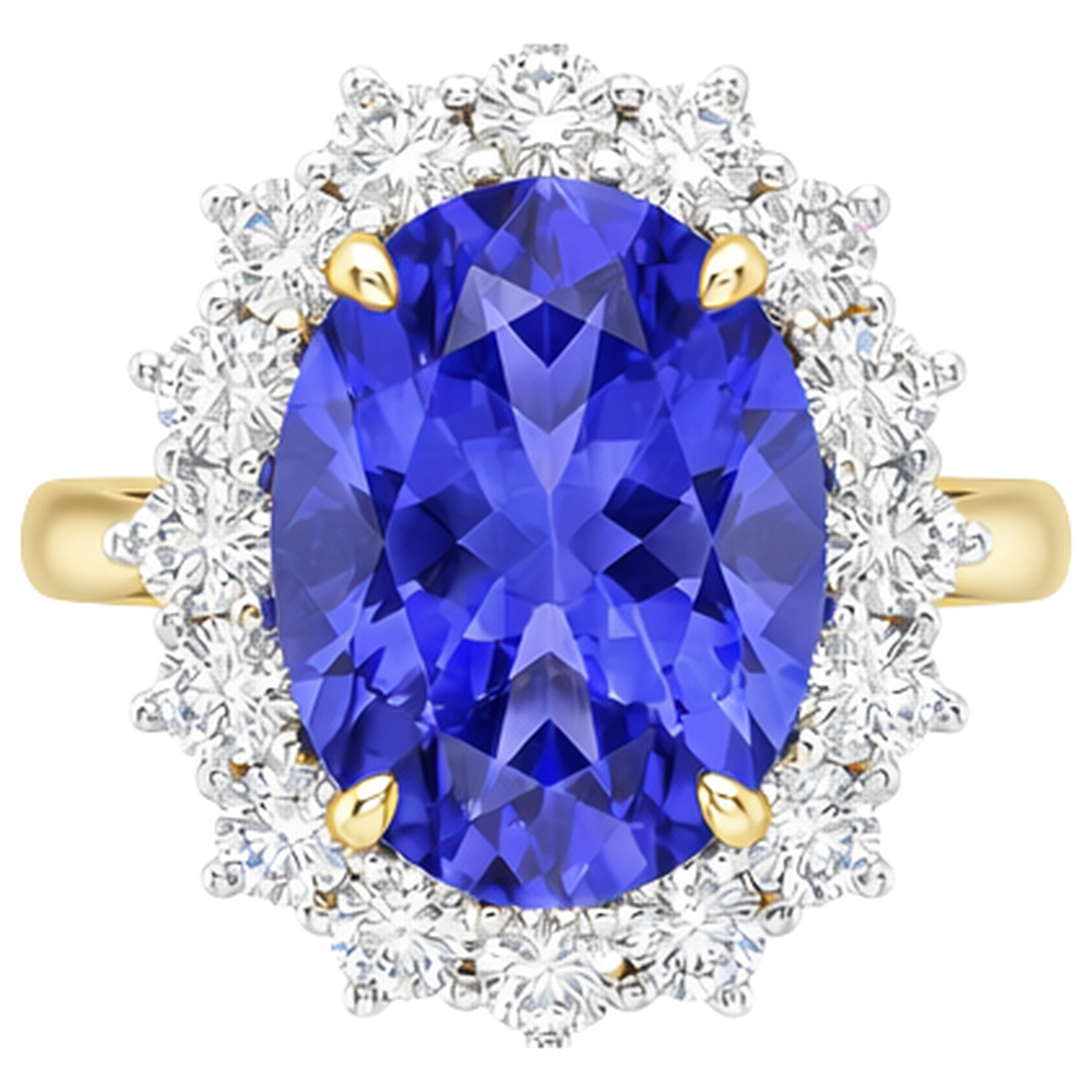 Halo Oval Tansanit AAA Diamanten 8,50 Karat Ring Zweifarbiges Gold