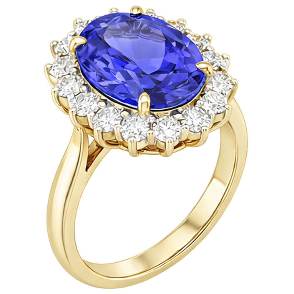 Halo Oval Tansanit AAA Diamanten 8,50 Karat Ring Zweifarbiges Gold