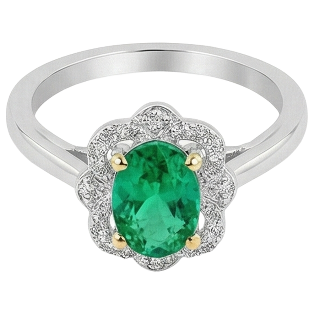 Smaragd Oval-Schliff Schmuckstein-Ring in 14 Karat Zweifarbig Gold – Schrägansicht
