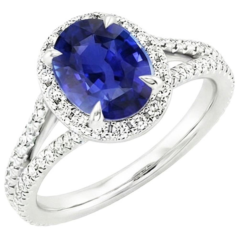 Halo Ring Oval Ceylon Saphir & Natürlicher Diamant ( nicht im Labor gezüchtet )en V Split Shank 4 Karat