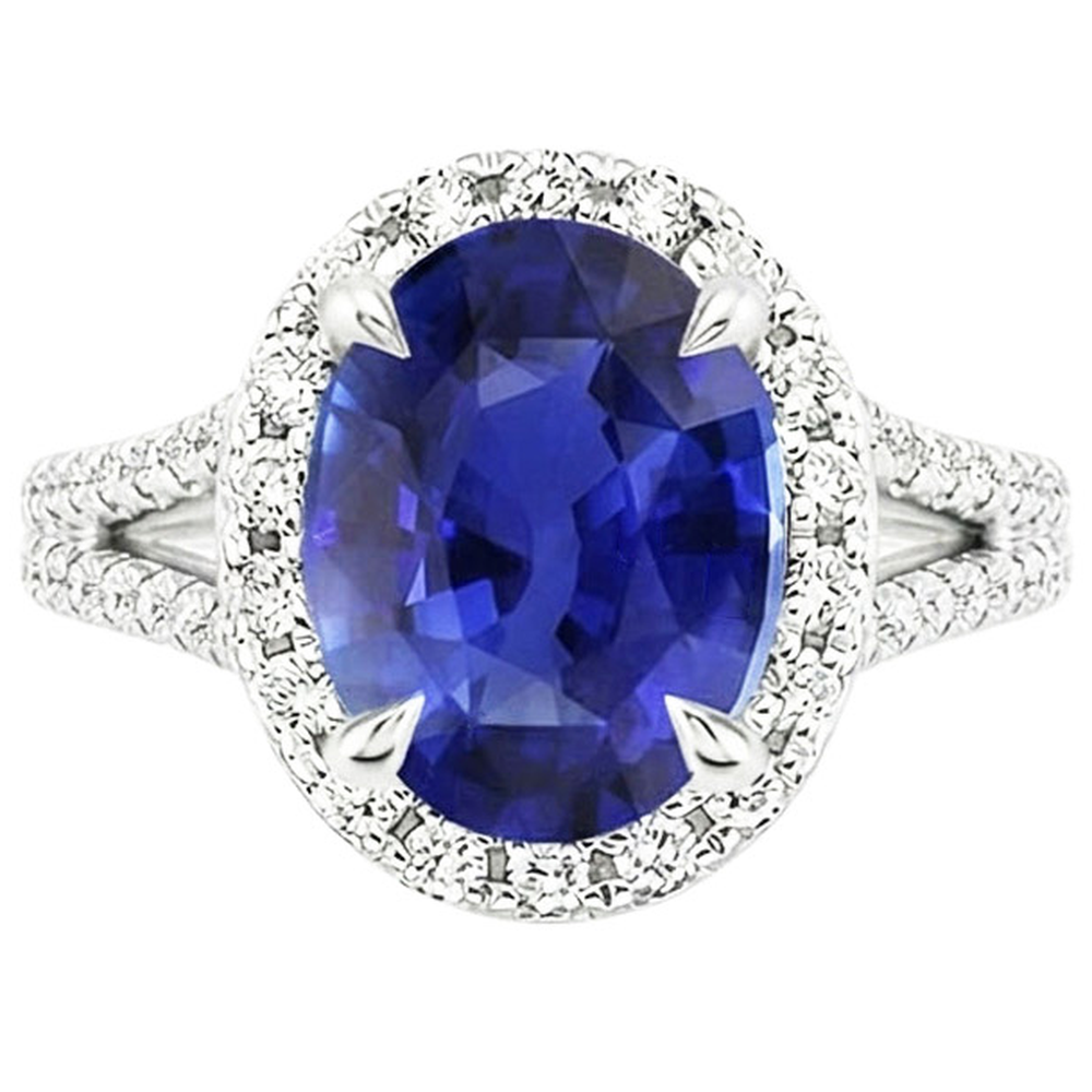 Halo Ring Oval Ceylon Saphir & Natürlicher Diamant ( nicht im Labor gezüchtet )en V Split Shank 4 Karat