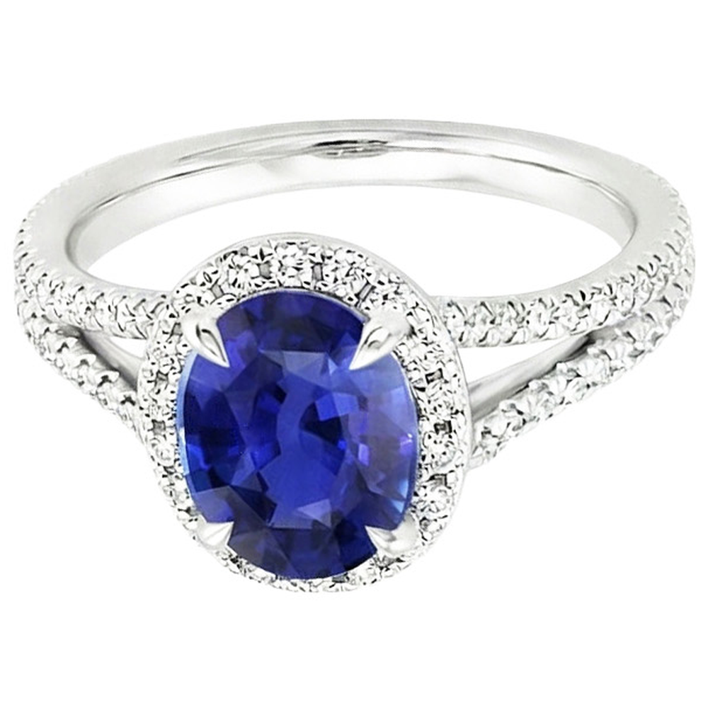 Halo Ring Oval Ceylon Saphir & Natürlicher Diamant ( nicht im Labor gezüchtet )en V Split Shank 4 Karat