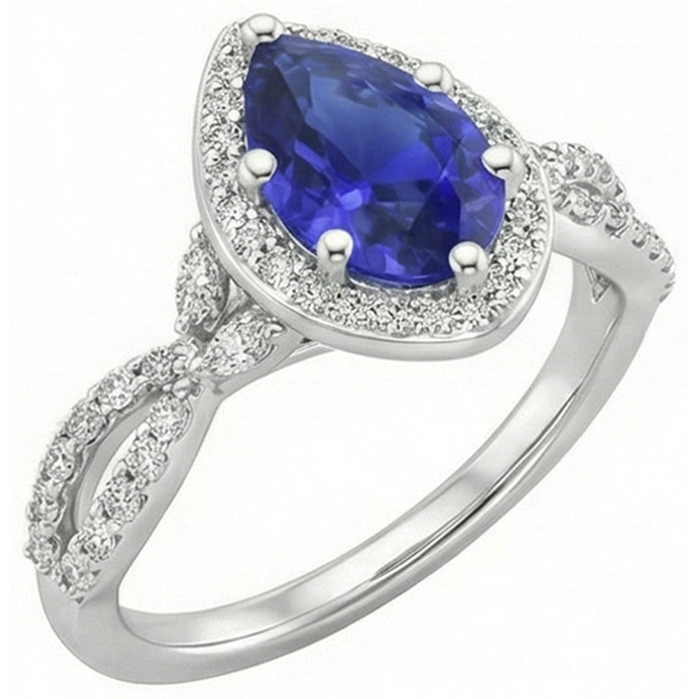 Halo Ring Twist Style Birne Ceylon Saphir & Diamanten 3,50 Karat