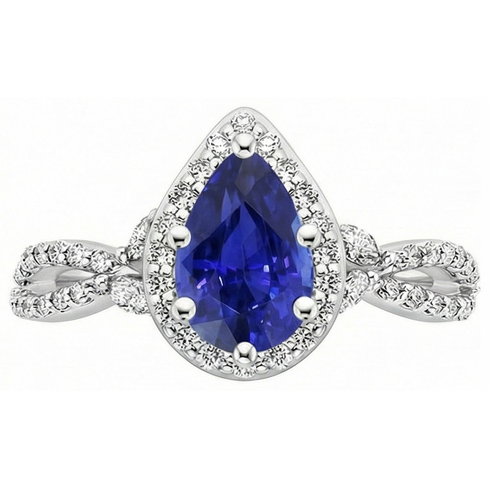 Halo Ring Twist Style Birne Ceylon Saphir & Diamanten 3,50 Karat