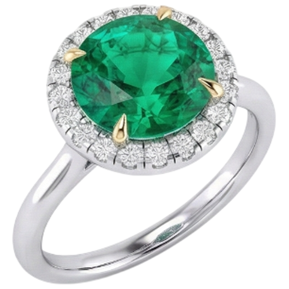 Edler Smaragd Brillantschliff Farbstein-Ring in Zweifarbiges 14K Gold – Schrägansicht