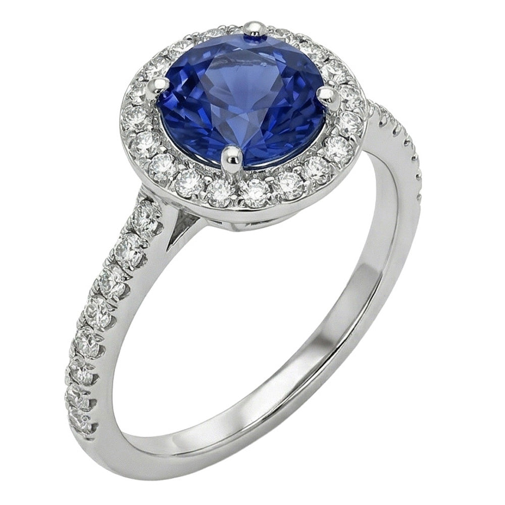 Halo Runden Ceylon Saphir Diamant Ring Weiß Gold 14K