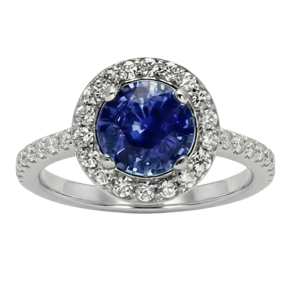 Halo Runden Ceylon Saphir Diamant Ring Weiß Gold 14K