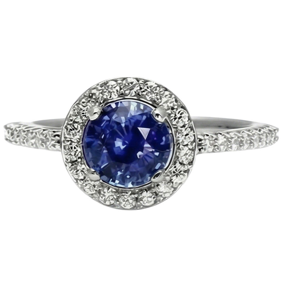Halo Runden Ceylon Saphir Diamant Ring Weiß Gold 14K