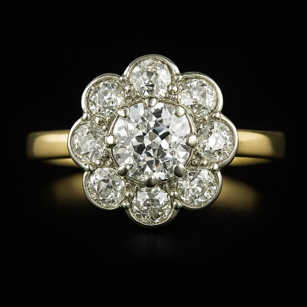 Halo Old Mine Cut Diamantring Zweifarbiger Blumenstil Schmuck 3 Karat