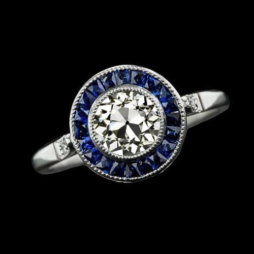 Halo Ring Altschliff Natürliche Diamant & Baguette Saphir Lünette Set 3 Karat