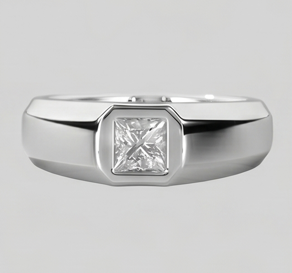 Herren Ring Prinzessin Schliff Diamant Weiß Gold