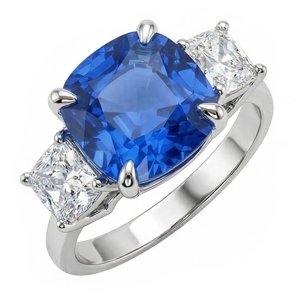 Kissen Saphir 3 Stein Natürlicher Diamant ( nicht im Labor gezüchtet ) Ring Zinke Goldschmuck 4 Karat