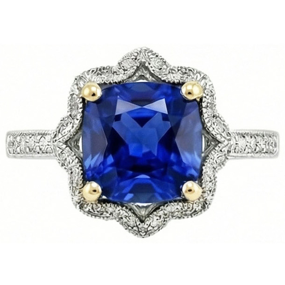 Kissen Sri Lanka Sapphire Natürlicher Diamants ( nicht im Labor gezüchtet ) Ring 5.65 ct. Zweifarbiges Gold