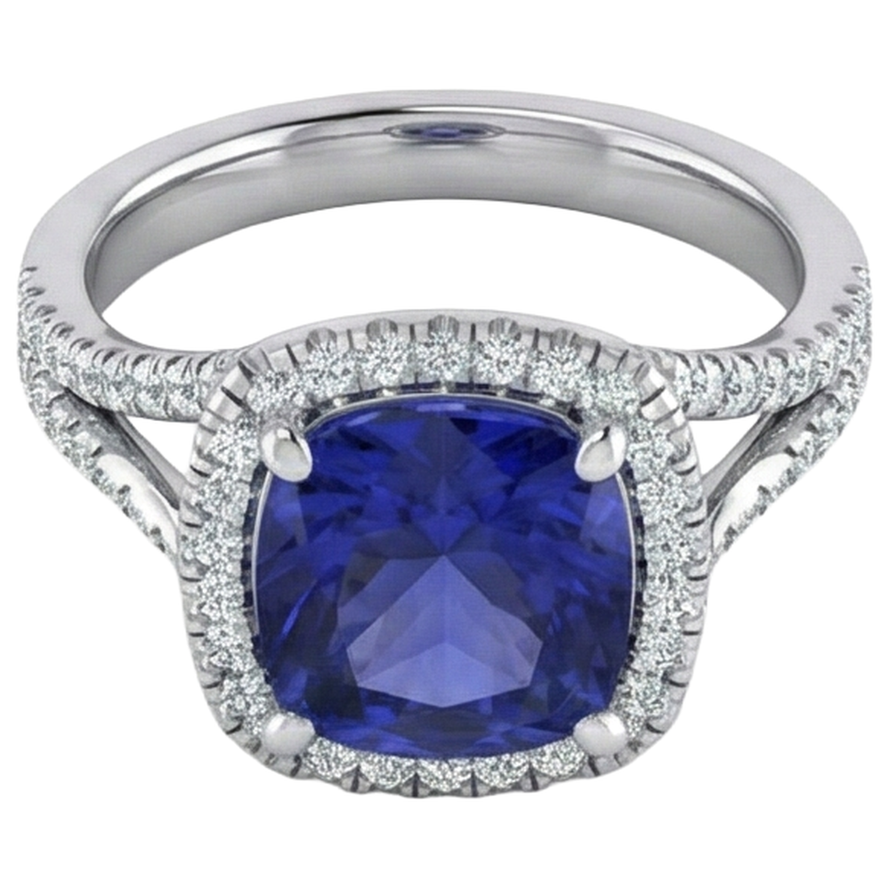 Kissen-Tansanit-Halo-Edelsteinring 6,50 Karat gespaltener Schaft