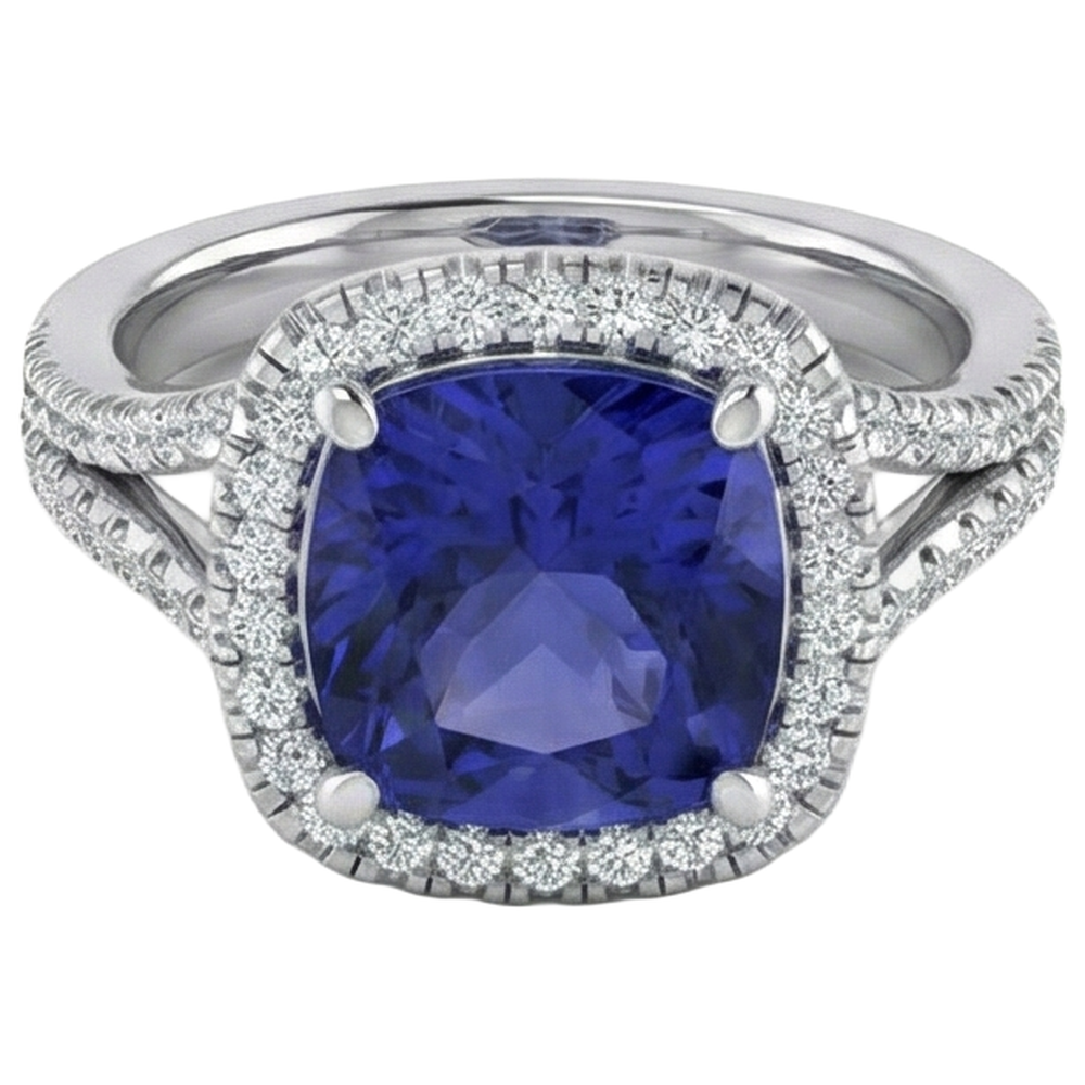 Kissen-Tansanit-Halo-Edelsteinring 6,50 Karat gespaltener Schaft