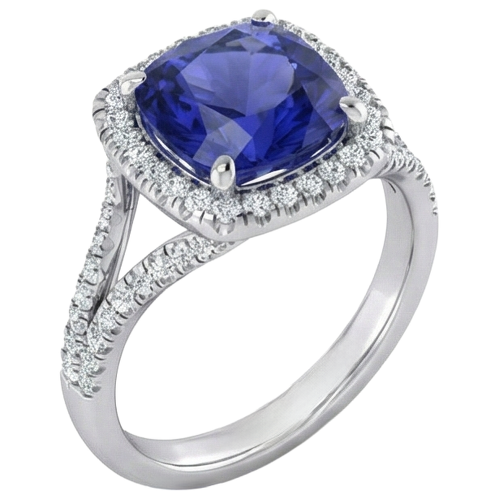Kissen-Tansanit-Halo-Edelsteinring 6,50 Karat gespaltener Schaft