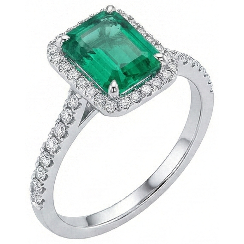 Kolumbianischer Grön Smaragd-Verlobungsring mit Halo-Diamant 3,55 Karat Weißgold