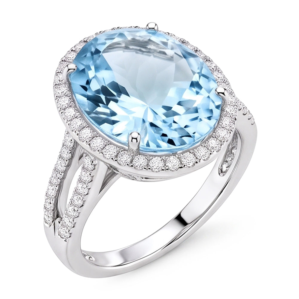 Krappen-Set Rundschliff 12 Karat Aquamarin und Diamanten Ring Gold Weiß