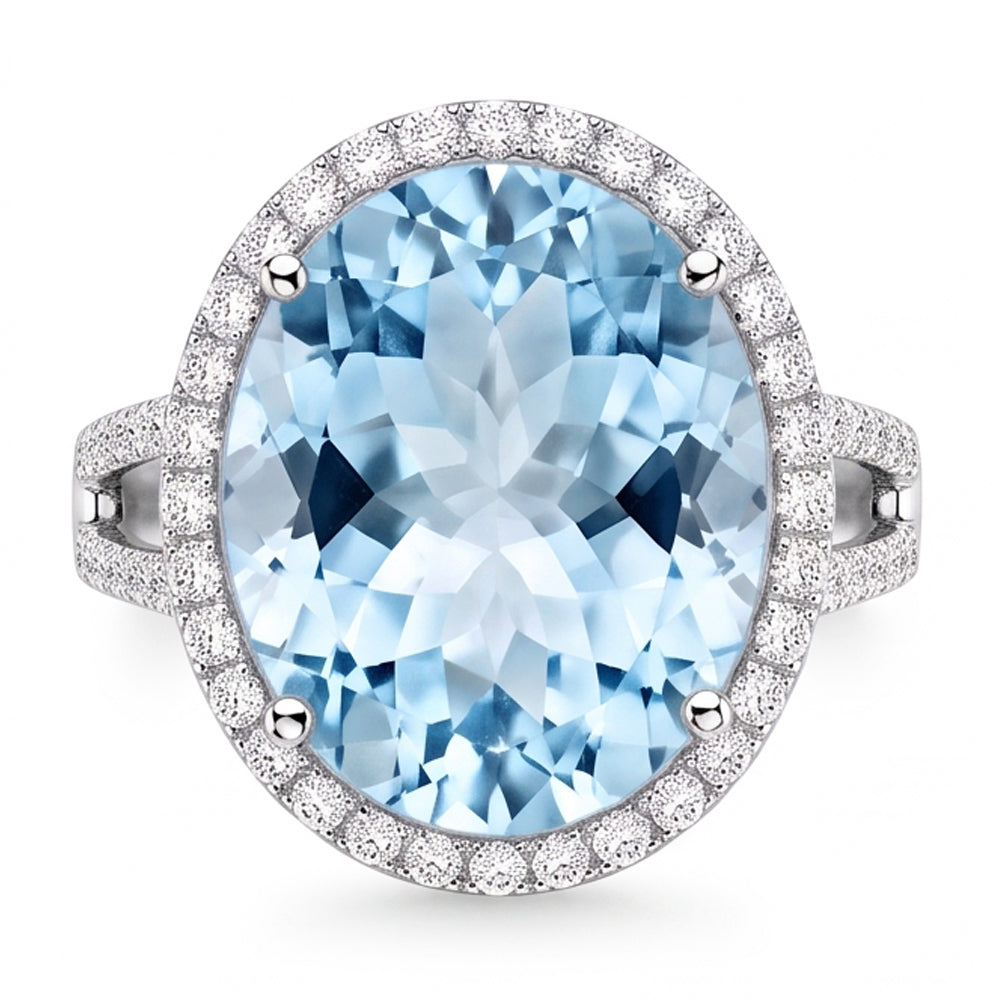 Krappen-Set Rundschliff 12 Karat Aquamarin und Diamanten Ring Gold Weiß
