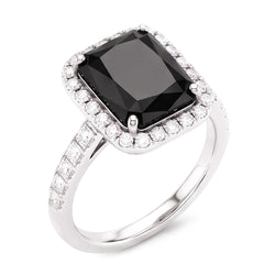 Damenring mit natürlichem schwarzem Diamanten 7 Karat Radiant-Schliff Halo 14 Karat Weißgold