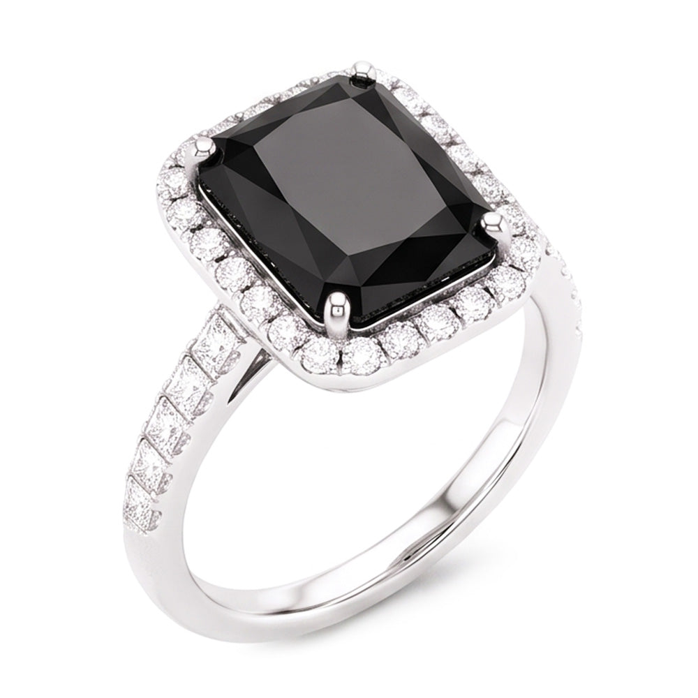 Damenring mit natürlichem schwarzem Diamanten 7 Karat Radiant-Schliff Halo 14 Karat Weißgold