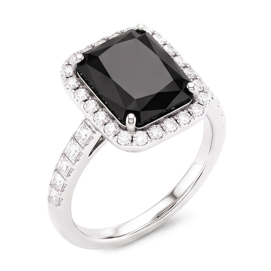 Damenring mit natürlichem schwarzem Diamanten 7 Karat Radiant-Schliff Halo 14 Karat Weißgold
