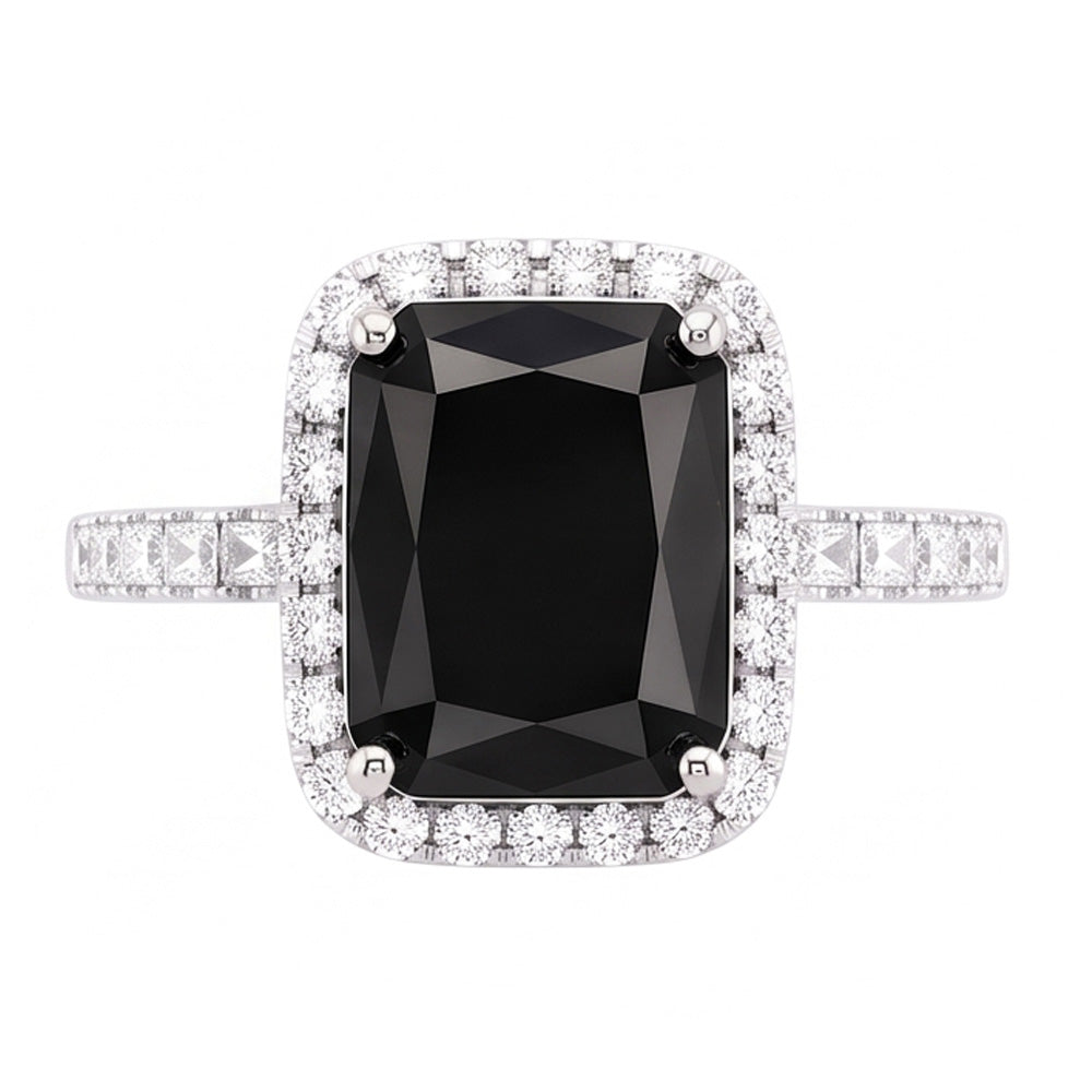 Damenring mit natürlichem schwarzem Diamanten 7 Karat Radiant-Schliff Halo 14 Karat Weißgold