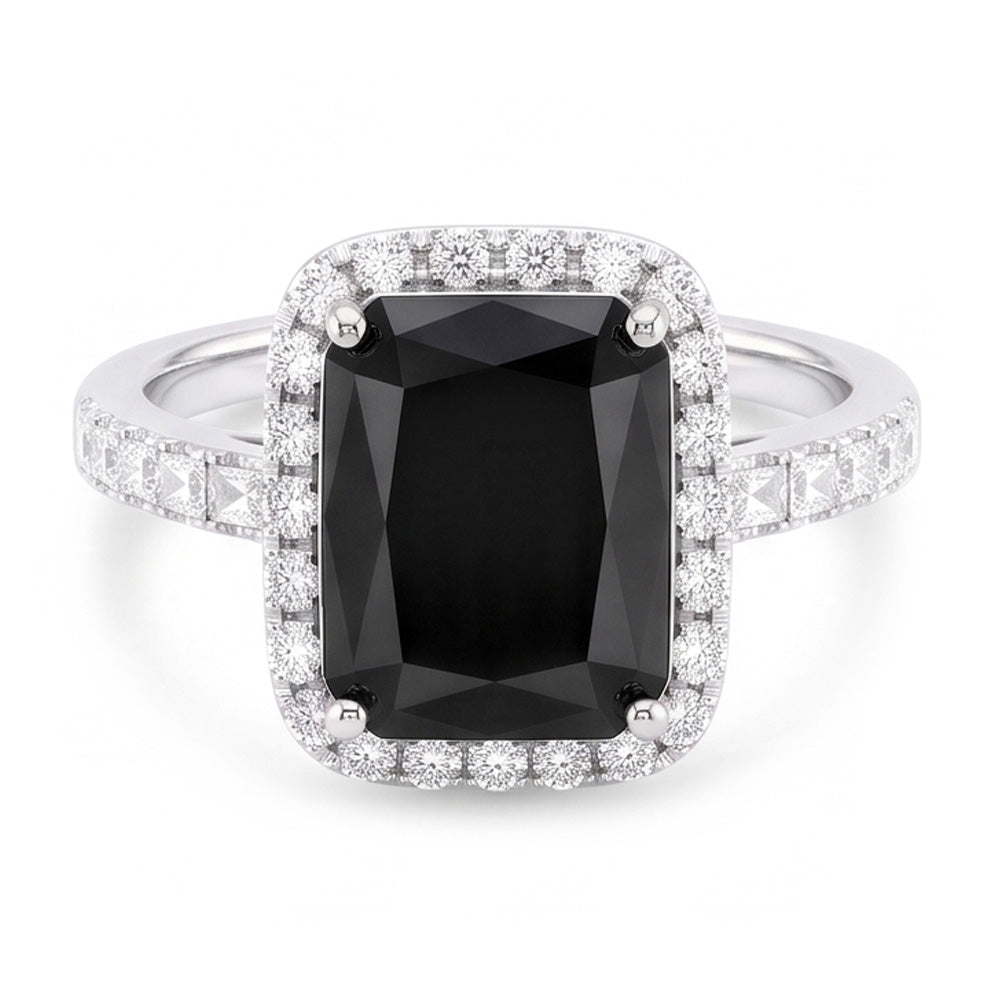 Damenring mit natürlichem schwarzem Diamanten 7 Karat Radiant-Schliff Halo 14 Karat Weißgold