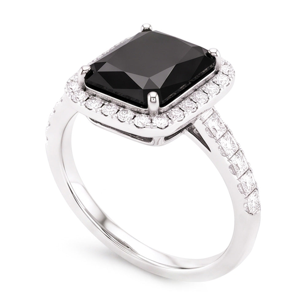 Damenring mit natürlichem schwarzem Diamanten 7 Karat Radiant-Schliff Halo 14 Karat Weißgold