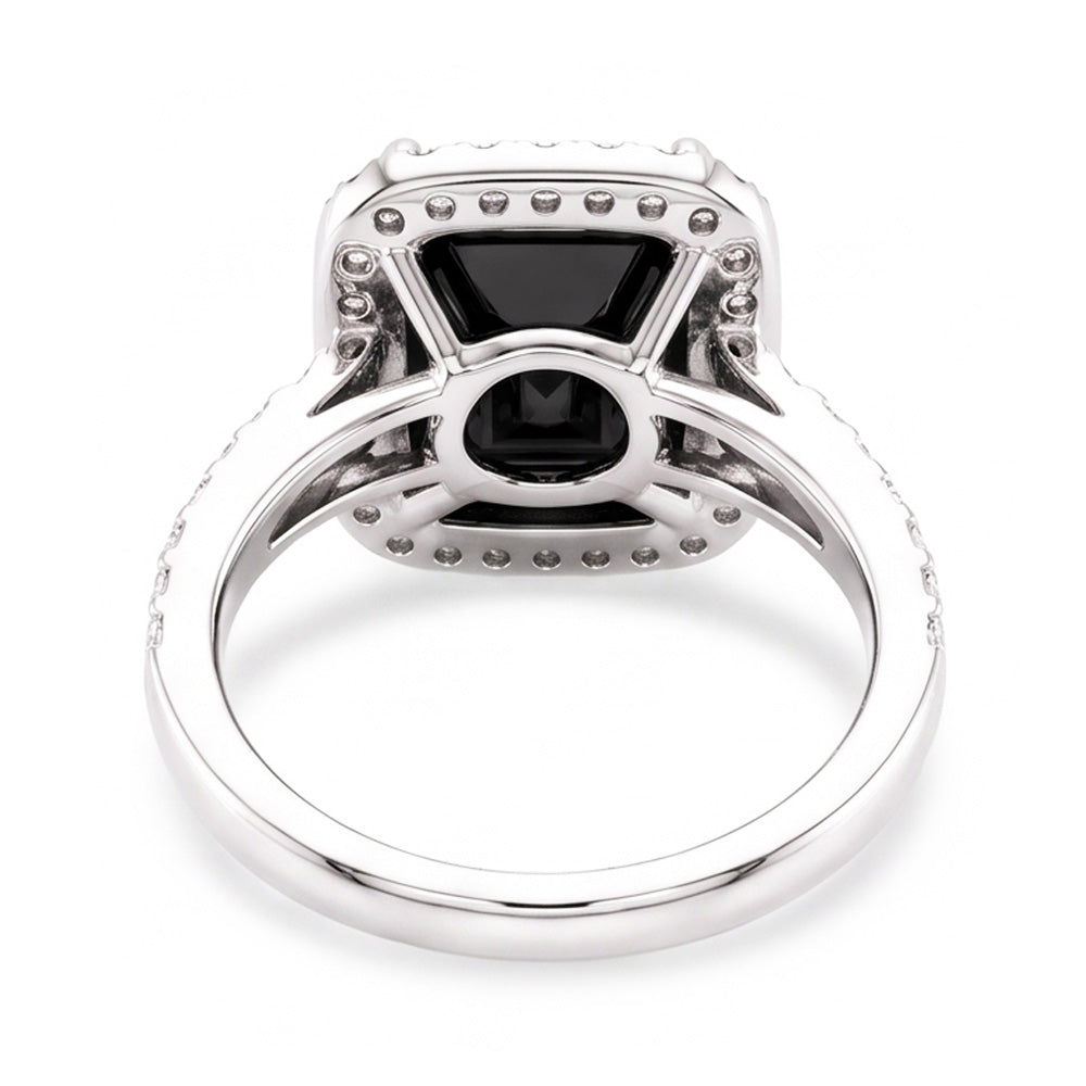 Damenring mit natürlichem schwarzem Diamanten 7 Karat Radiant-Schliff Halo 14 Karat Weißgold