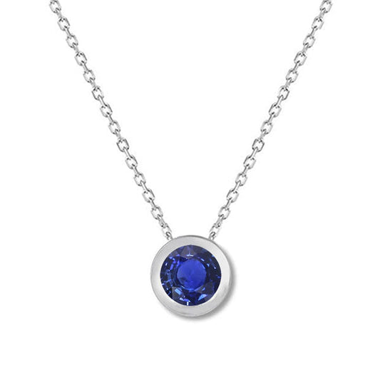 Blauer Saphir Rund-Brillant Stein-Halskette in 14K Weißgold – Hauptansicht