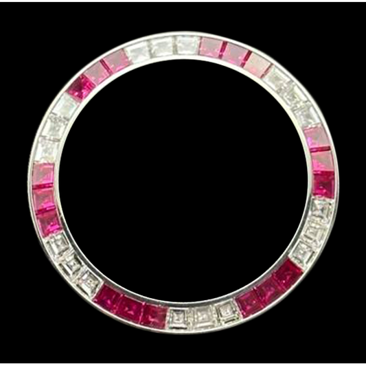 Maßgefertigte 4-karätige Lünette aus Edelstahl mit weißen Steinen und Rubinen, passend für Rolex 36 mm