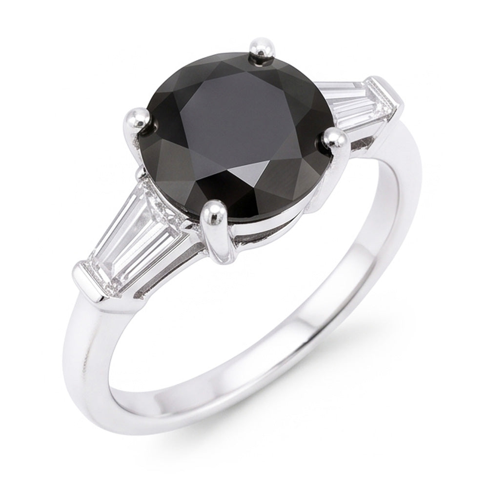 Natürlicher schwarzer Diamantring 3,6 Karat, echter Dreistein-Ring im Rund- und Baguetteschliff, 14 Karat Weißgold