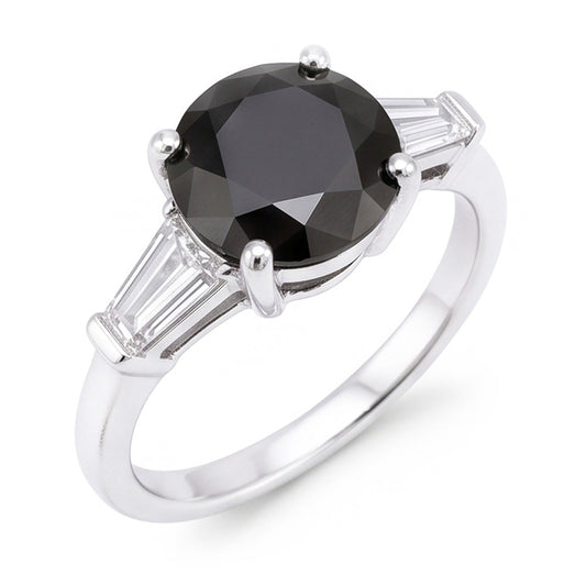 Natürlicher schwarzer Diamantring 3,6 Karat, echter Dreistein-Ring im Rund- und Baguetteschliff, 14 Karat Weißgold