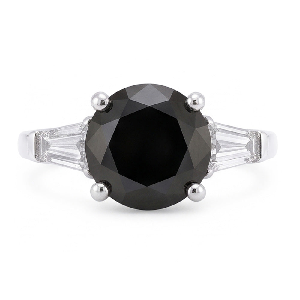 Natürlicher schwarzer Diamantring 3,6 Karat, echter Dreistein-Ring im Rund- und Baguetteschliff, 14 Karat Weißgold