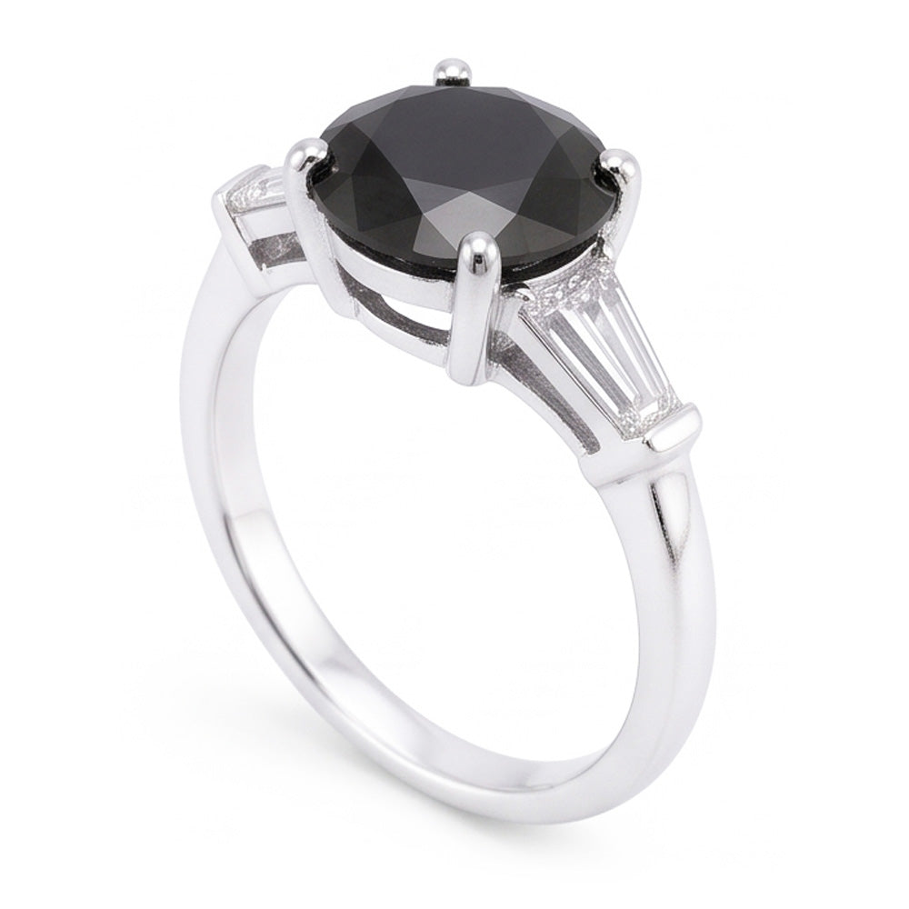 Natürlicher schwarzer Diamantring 3,6 Karat, echter Dreistein-Ring im Rund- und Baguetteschliff, 14 Karat Weißgold