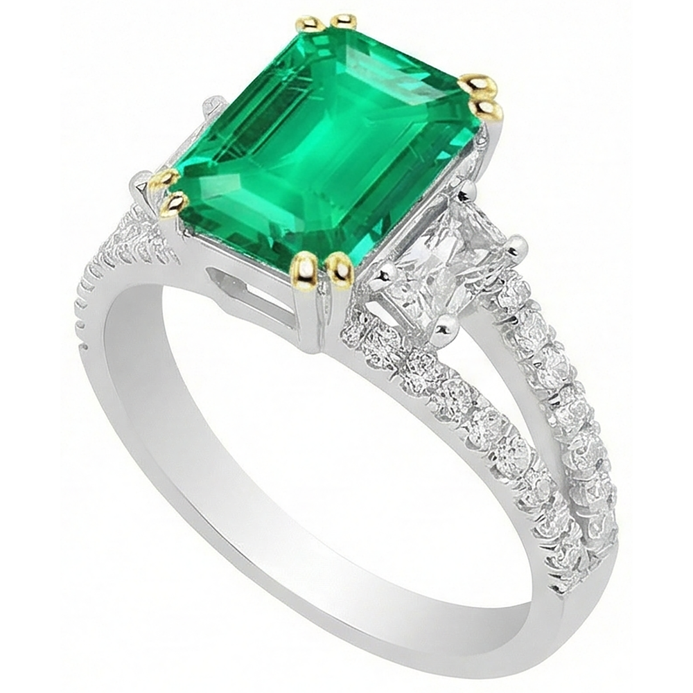 Treppen-Schliff Smaragd Ring in Zweifarbiges 14K Gold – Schrägansicht