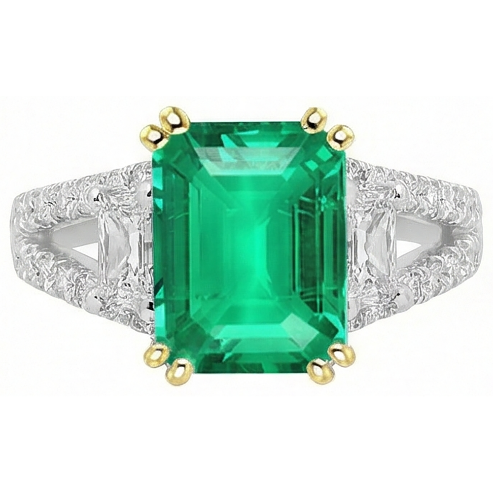 Smaragd Treppen-Schliff Edelstein-Ring in Zweifarbiges 14K Gold – Frontansicht