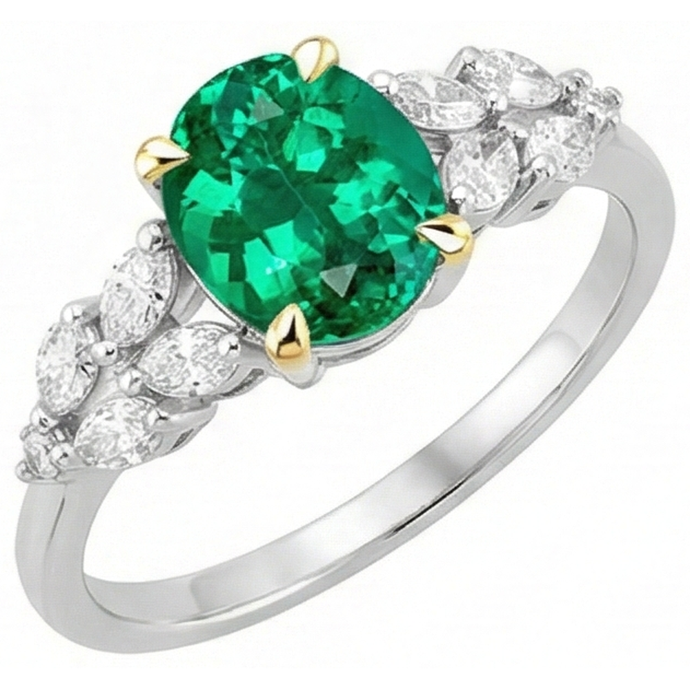Erdgewonnener Kolumbianischer Smaragd Schmuckstein-Ring 2 Karat Bicolor 14K Gold – Nahaufnahme